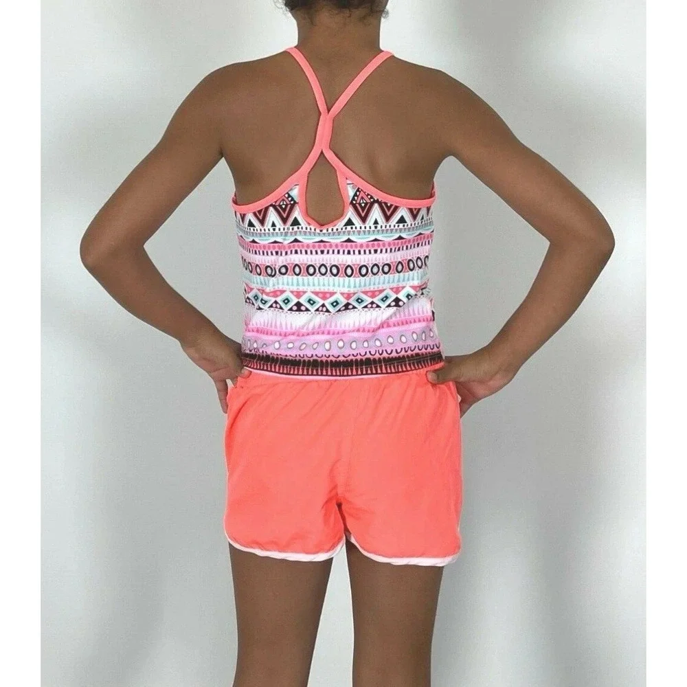 NEW Gerry Girls‎ 3-pc Swimsuit Set Neon Orange Pink 16 Tankini Bikini Shorts